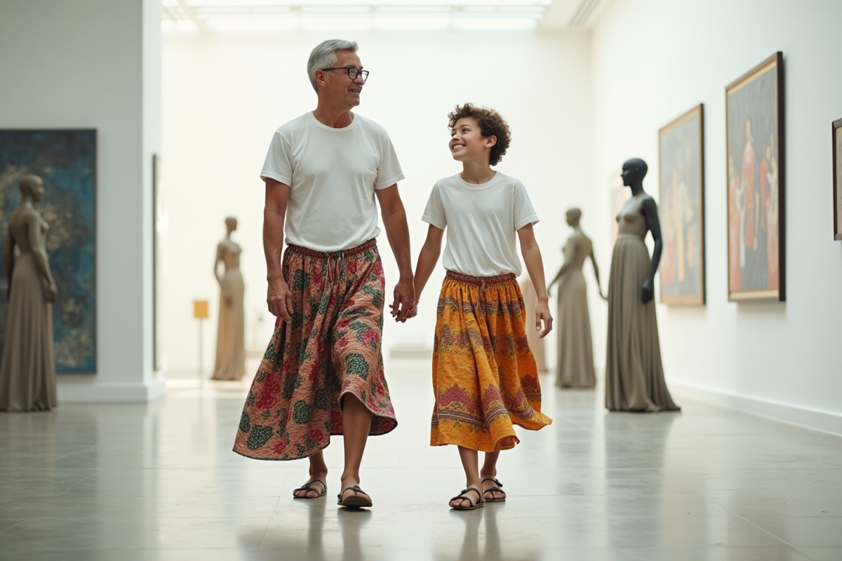 Homme et adolescent en jupes colorées dans une galerie d