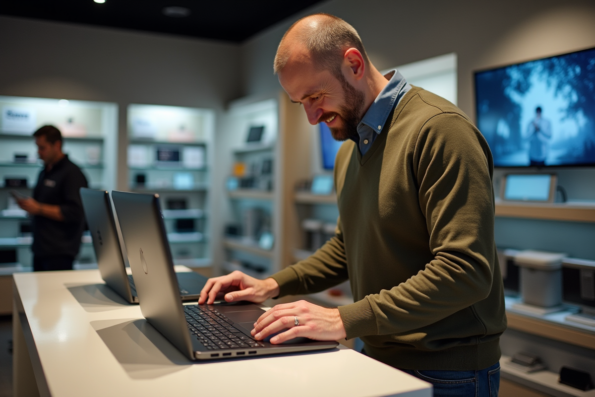 Homme en magasin évalue deux ordinateurs portables