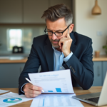 Homme d'âge moyen examinant des documents financiers à la maison