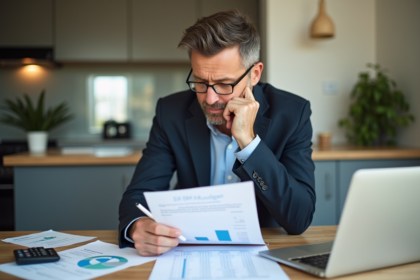 Homme d'âge moyen examinant des documents financiers à la maison