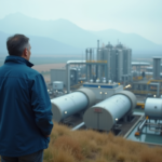 Homme contemplant une grande installation d'hydrogene