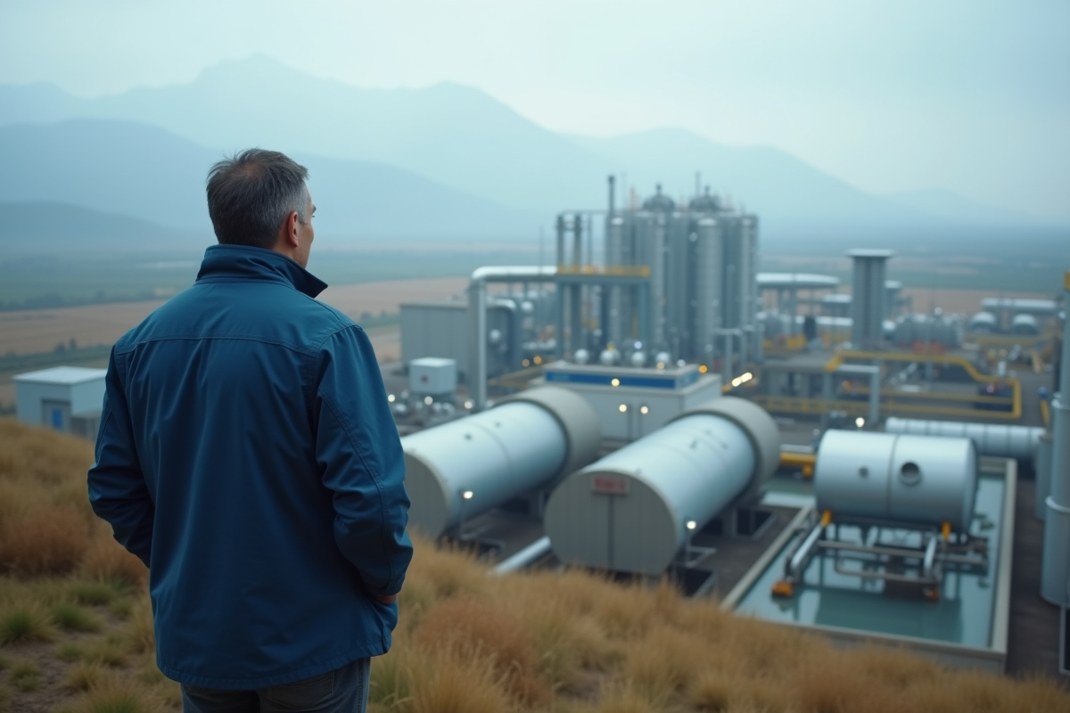 Homme contemplant une grande installation d'hydrogene