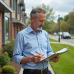 Homme d'âge moyen étudie une brochure immobilière devant une maison