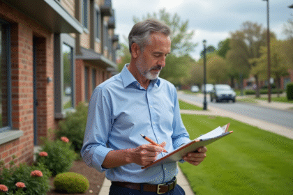 Homme d'âge moyen étudie une brochure immobilière devant une maison