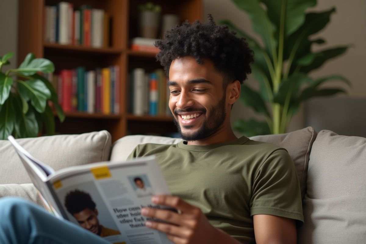 Jeune homme lisant un magazine sur les soins capillaires dans un salon cosy