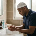 Homme musulman effectuant ses ablutions avant la prière dans une salle de bain domestique au Blanc-Mesnil