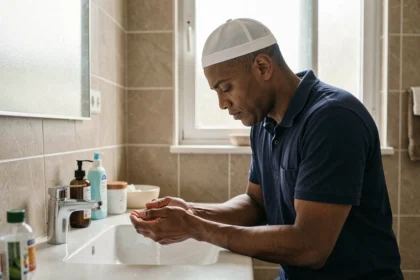 Homme musulman effectuant ses ablutions avant la prière dans une salle de bain domestique au Blanc-Mesnil