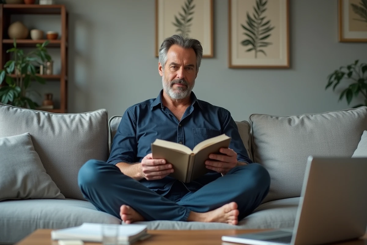 Homme concentré prenant des notes sur la psychologie positive dans un salon confortable et épuré
