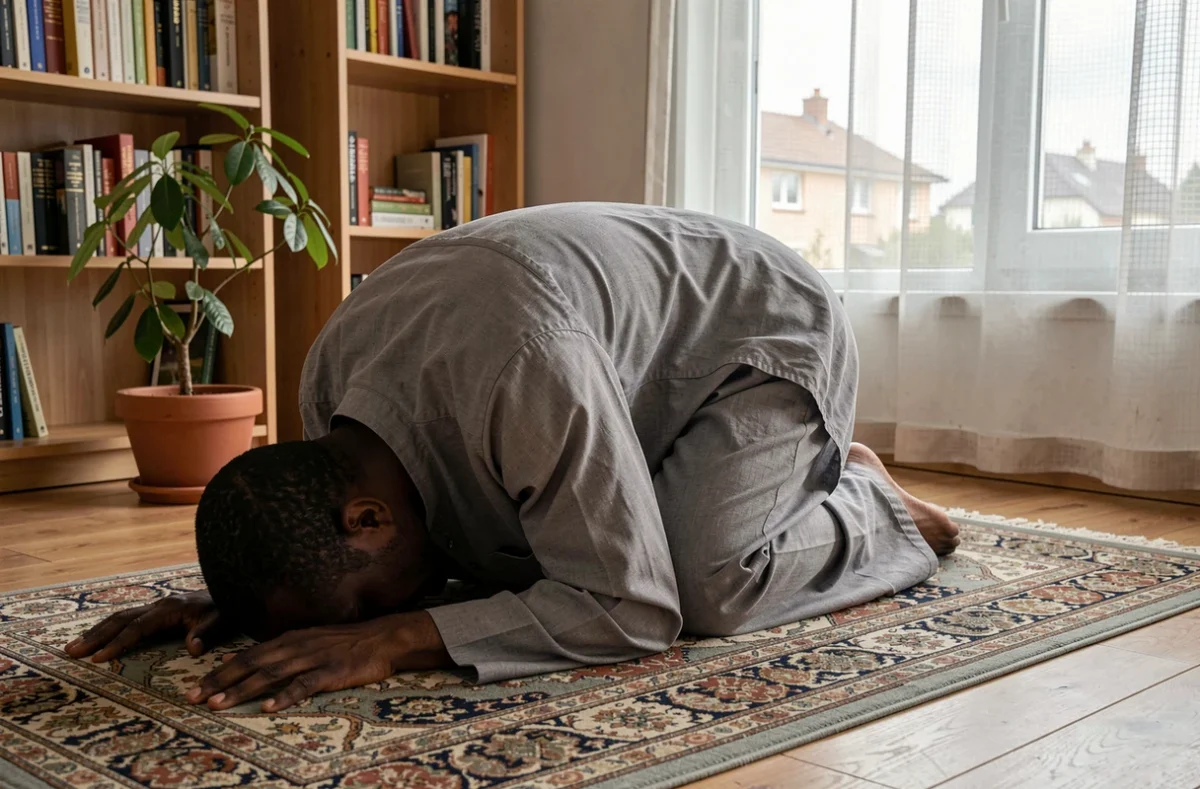 Homme en prosternation sur un tapis de prière dans un appartement de banlieue parisienne, illustrant la prière quotidienne