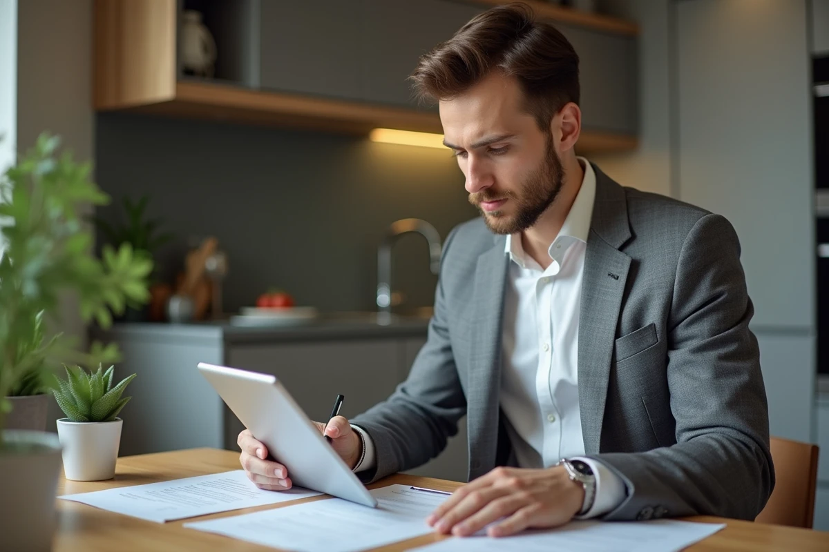 Homme révisant son CV dans une cuisine à la maison