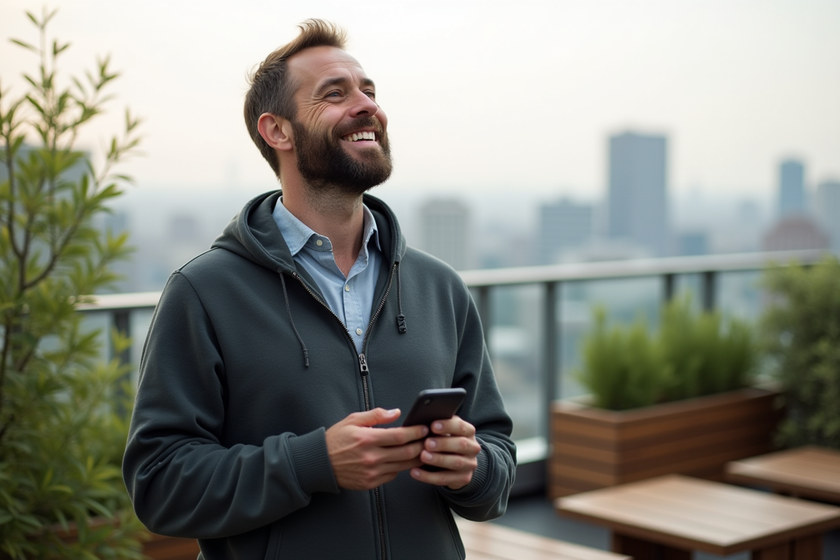 Homme cybersécurité en pause dans un jardin urbain