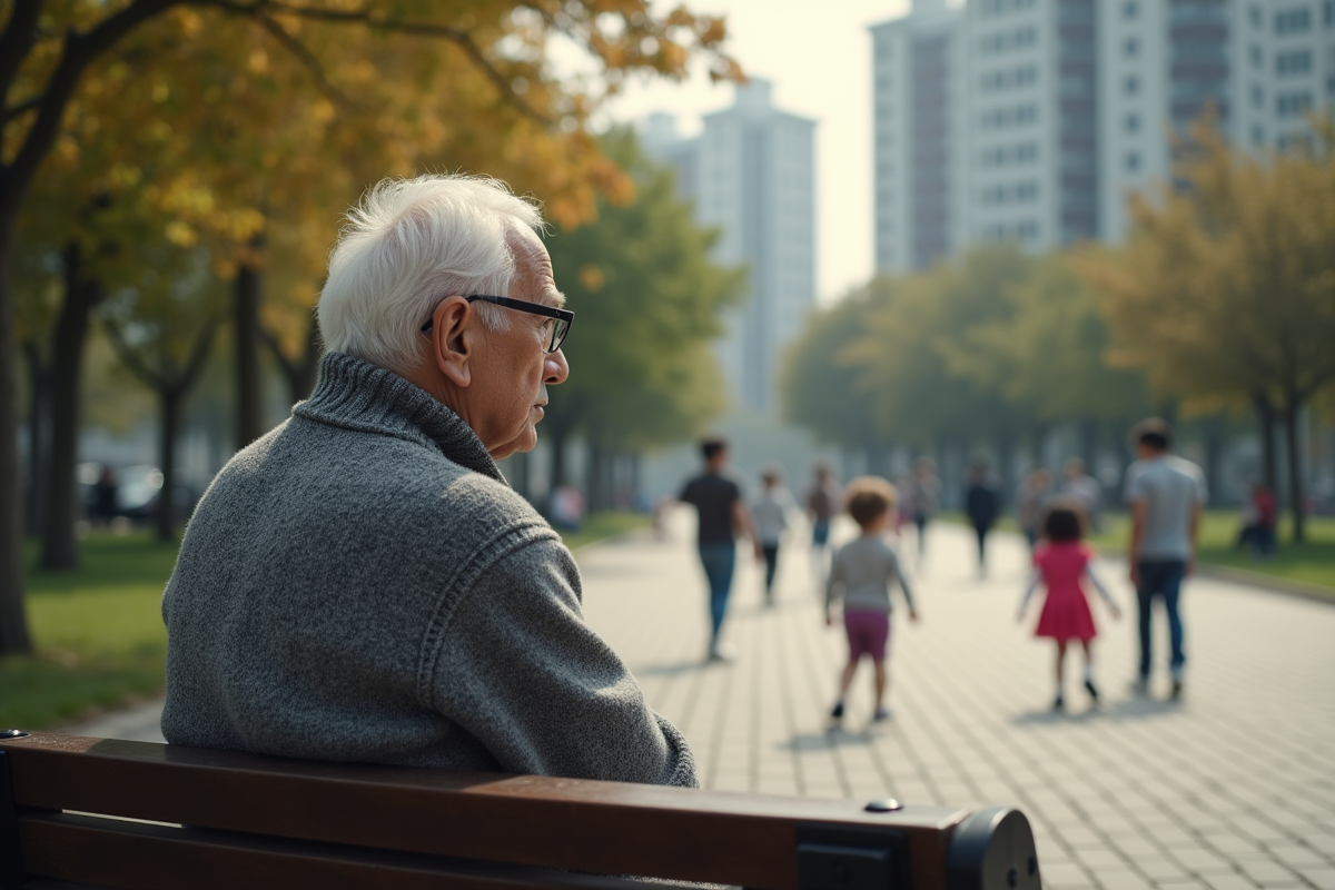 Homme âgé assis sur un banc de parc observant des enfants