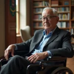 Homme senior en costume dans une bibliothèque lumineuse