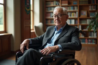 Homme senior en costume dans une bibliothèque lumineuse