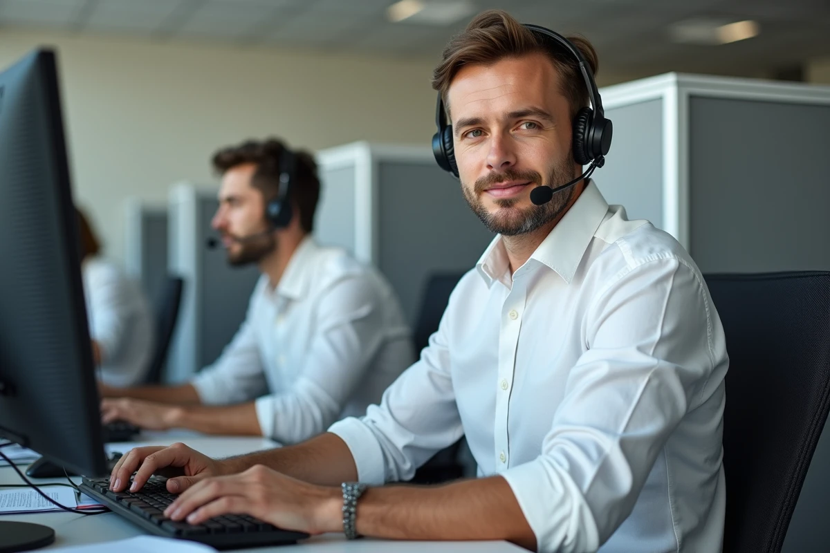 Homme en service client avec casque au bureau