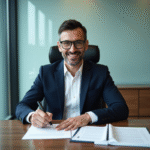 Homme daffaires signant des documents dans un bureau moderne