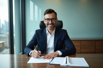 Homme daffaires signant des documents dans un bureau moderne