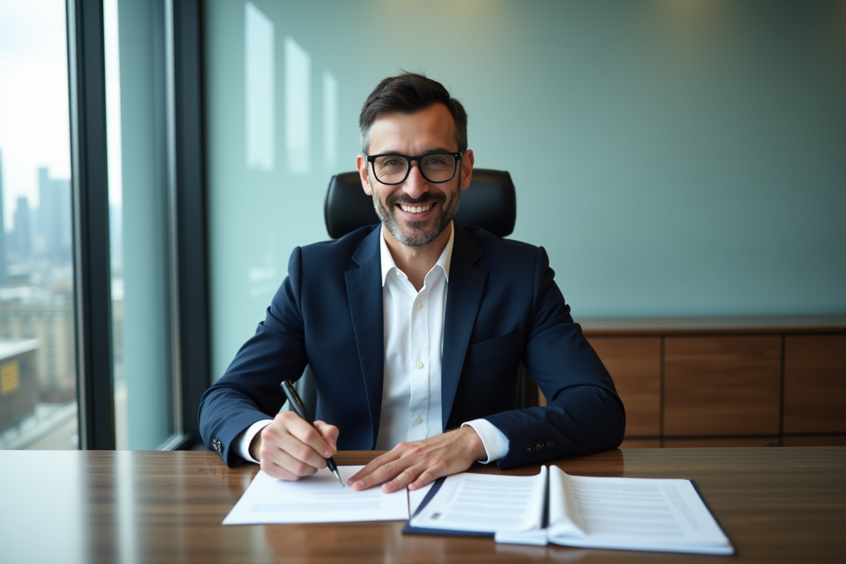 Homme daffaires signant des documents dans un bureau moderne