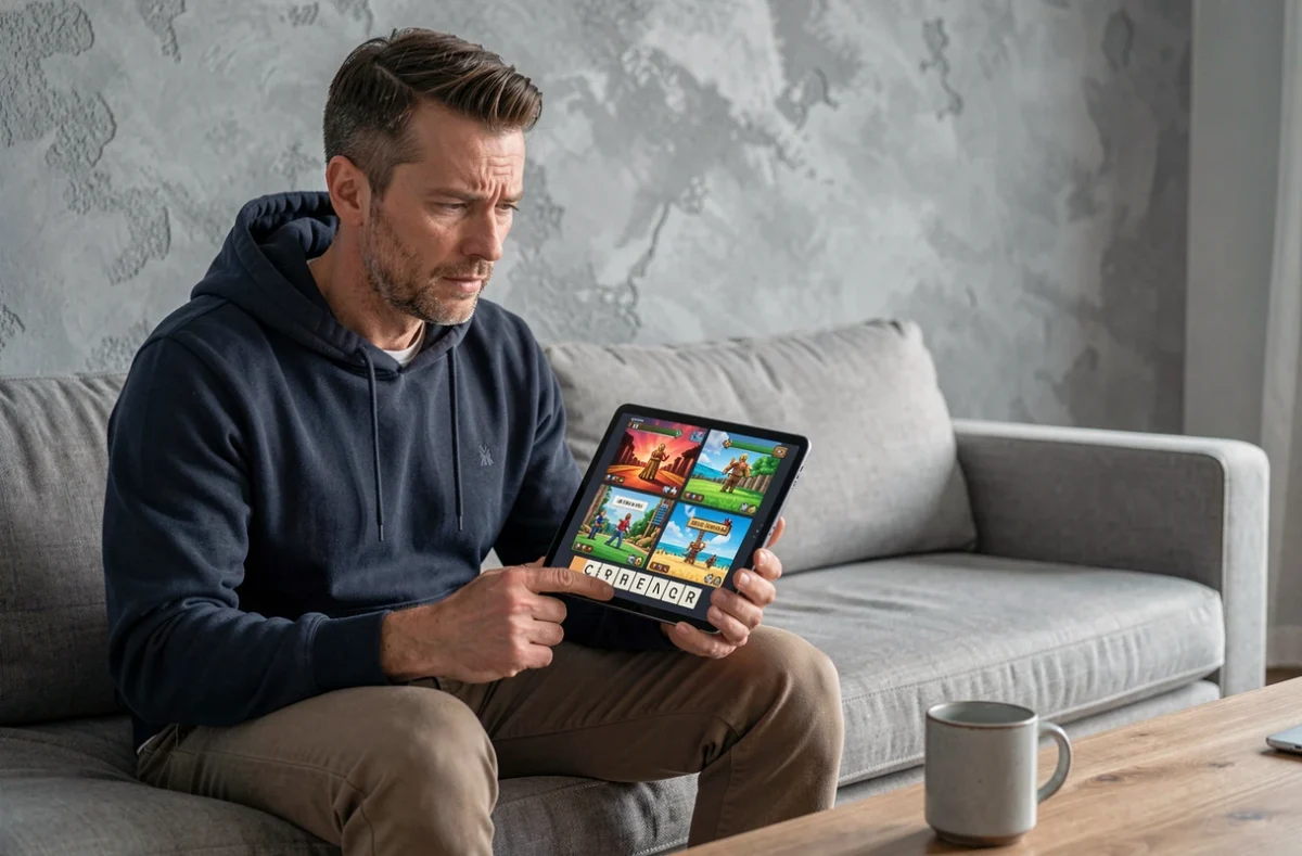Homme trouvant rapidement la solution d'un mot de 9 lettres au jeu 4 Images 1 Mot sur tablette