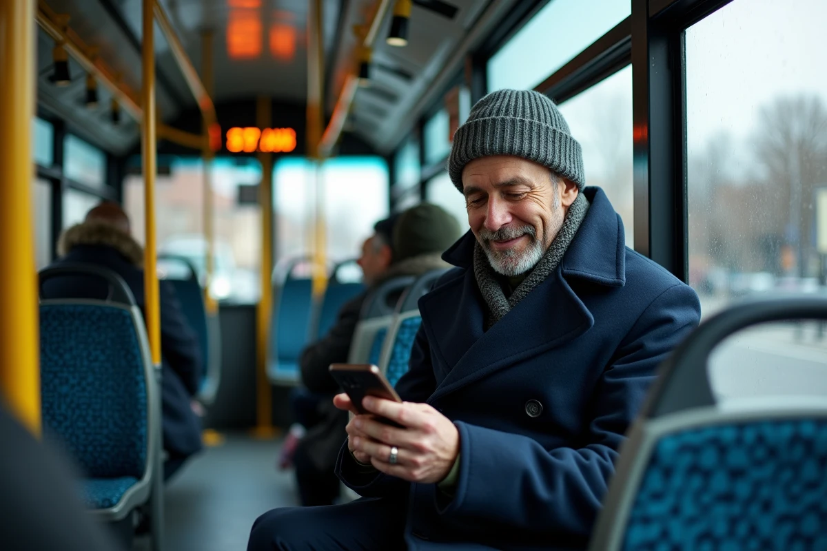 Homme dans un bus urbain suivant les mises à jour en temps réel