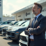 Homme d affaires regardant un carnet devant des voitures neuves