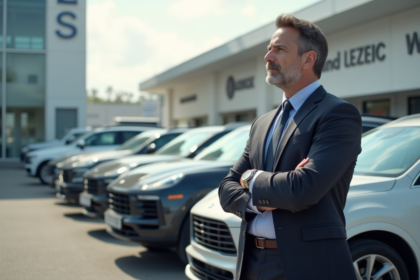Homme d affaires regardant un carnet devant des voitures neuves