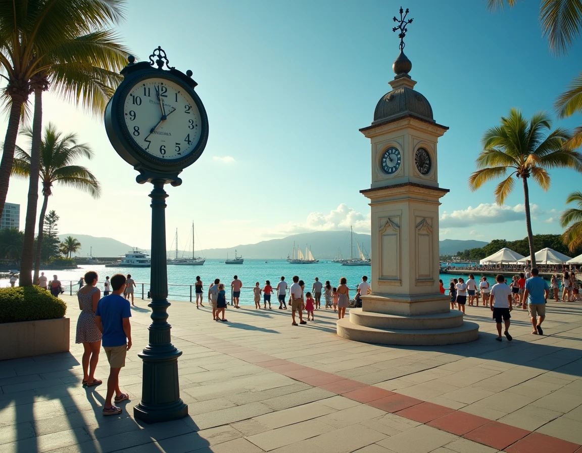 Tour de l'horloge sur le front de mer de Nouméa avec vue sur la baie de Nouvelle-Calédonie