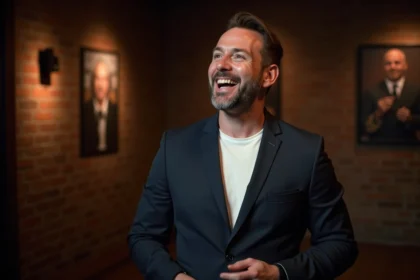 Humoriste masculin en train de raconter une blague sur scène dans un comedy club intime aux murs de briques