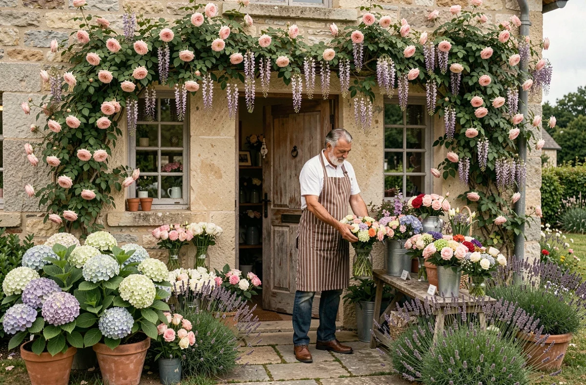 Devanture fleurie de L'Île aux Fleurs avec des roses grimpantes et des hortensias en pots sur un chemin en pierre