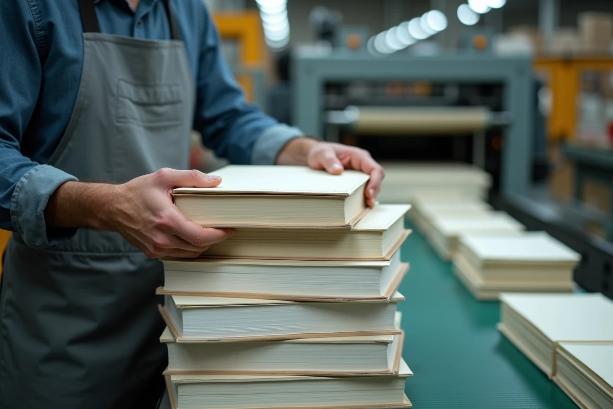 Ouvrier empilant des livres brochés fraîchement imprimés dans un atelier d'impression et de reliure industrielle