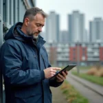 Ingénieur homme avec tablette près pipes chauffage urbain