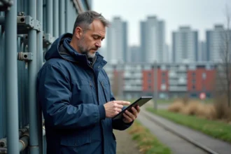 Ingénieur homme avec tablette près pipes chauffage urbain