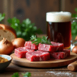 Ingrédients frais pour une carbonade de boeuf traditionnelle sur une table en bois