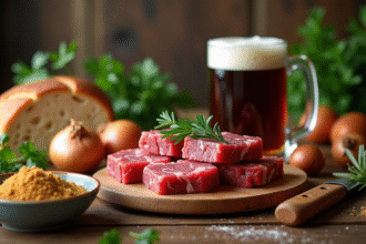 Ingrédients frais pour une carbonade de boeuf traditionnelle sur une table en bois