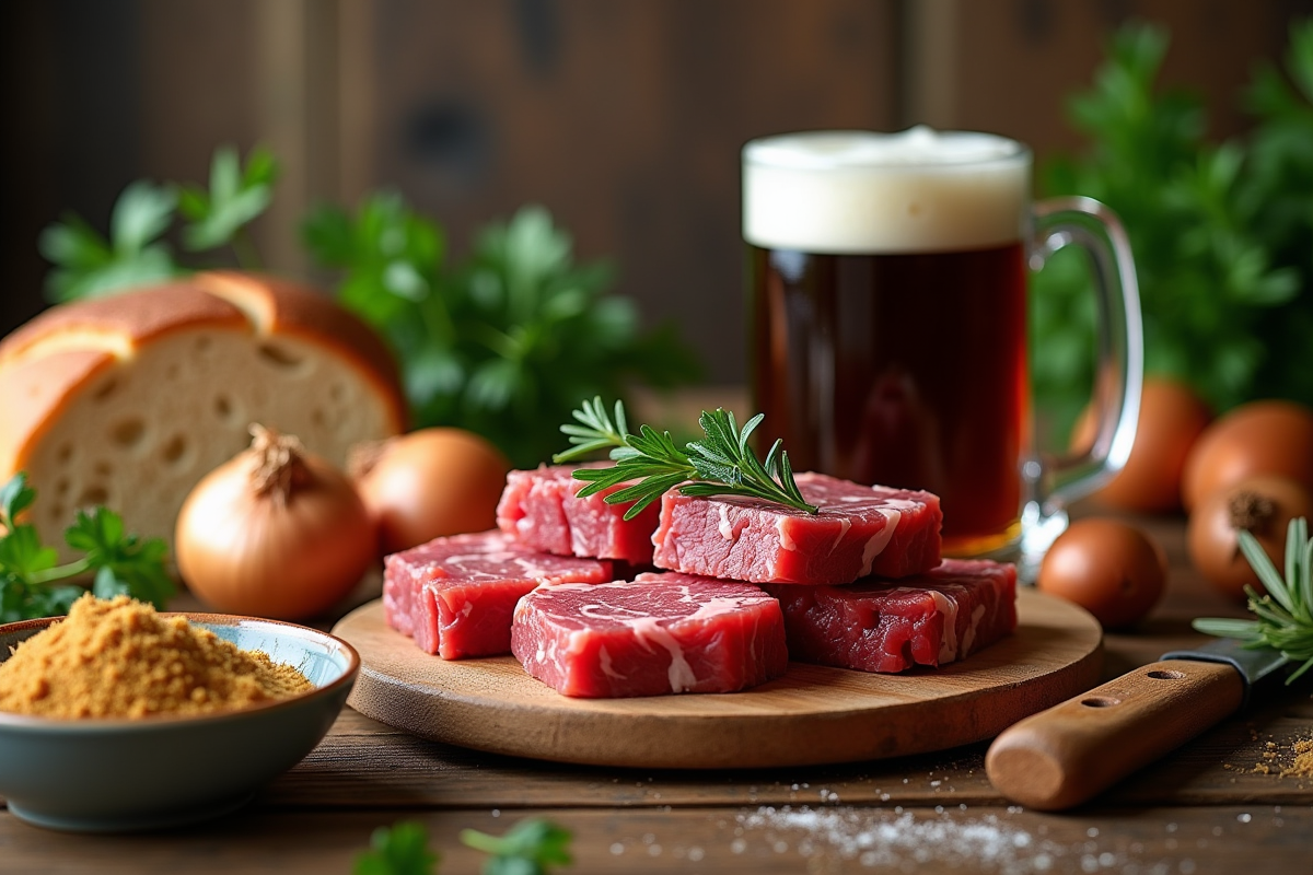Ingrédients frais pour une carbonade de boeuf traditionnelle sur une table en bois