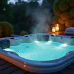 Jacuzzi extérieur privé en soirée ambiance chaleureuse