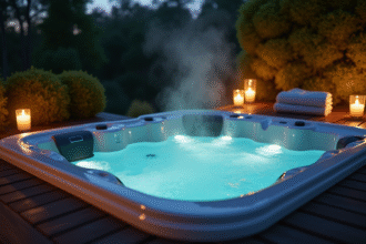 Jacuzzi extérieur privé en soirée ambiance chaleureuse