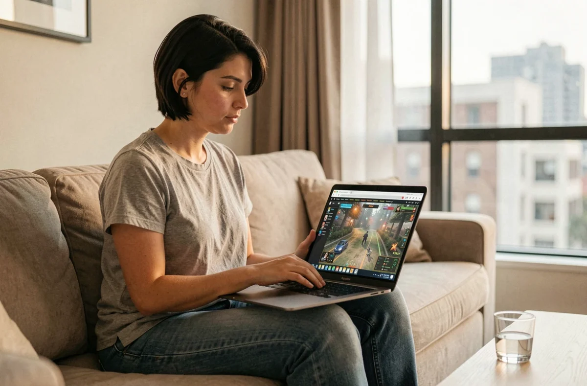 Femme jouant à un jeu de stratégie militaire en ligne sur son canapé avec un laptop
