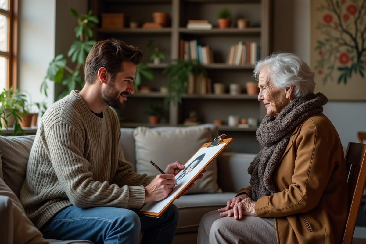 Jeune artiste dessinant portrait dans salon chaleureux