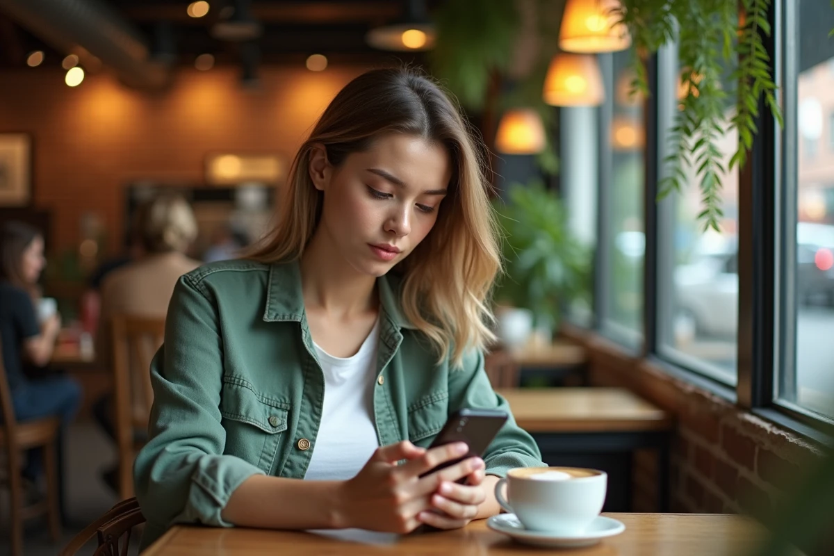 Jeune femme consultant un blog de psychologie positive sur smartphone dans un café urbain chaleureux