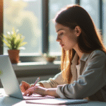 Jeune femme au bureau concentrée sur son ordinateur portable