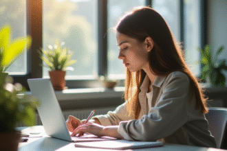 Jeune femme au bureau concentrée sur son ordinateur portable