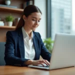Jeune femme professionnelle travaillant sur un ordinateur en bureau moderne