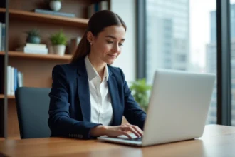 Jeune femme professionnelle travaillant sur un ordinateur en bureau moderne