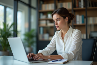 Jeune femme professionnelle concentrée sur son ordinateur dans un bureau moderne