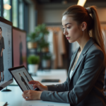 Jeune femme en blazer utilisant une tablette dans un studio mode