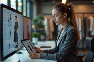 Jeune femme en blazer utilisant une tablette dans un studio mode
