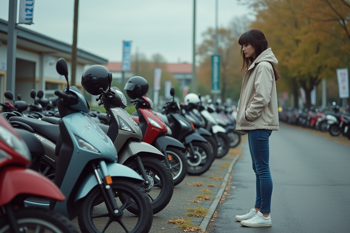 Jeune femme inspectant des motos 125cc dans un lot en extérieur