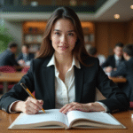 Jeune femme en blazer étudiant des lois fiscales dans une bibliothèque