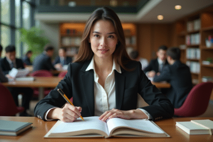 Jeune femme en blazer étudiant des lois fiscales dans une bibliothèque